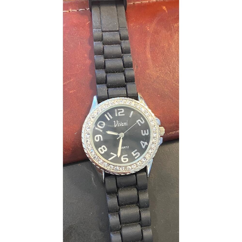 Women's Silver Tone Vivani  Watch with Crystal Accented Bezel, Black Face